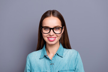 Close up portrait of calm self-confident her she young girl woma