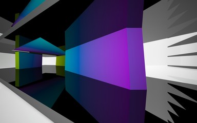 Abstract white interior of the future, with glossy black and colored gradient sculpture. 3D illustration and rendering