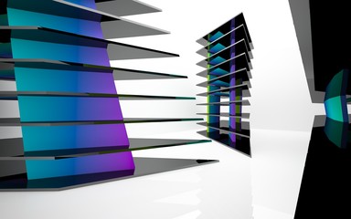 Abstract white interior of the future, with glossy black and colored gradient sculpture. 3D illustration and rendering