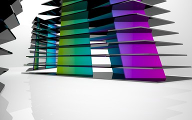 Abstract white interior of the future, with glossy black and colored gradient sculpture. 3D illustration and rendering