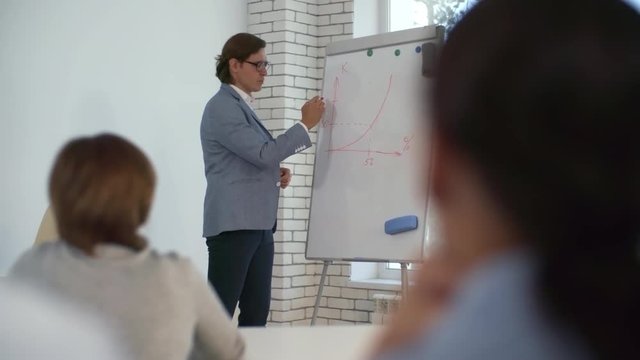 Male business coach explaining financial graph on flipchart while giving presentation to company employees during educational seminar