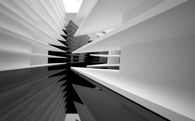 Obraz premium Abstract white interior of the future, with glossy black wall and floor. 3D illustration and rendering