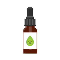 Hemp oil in a bottle. CBD oil cannabis extract. Medical marijuana. Mock up of cannabis oil. Icon product label and logo graphic template. Isolated vector illustration on white background.