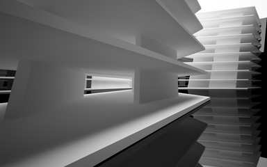 Obraz premium Abstract white interior of the future, with glossy black wall and floor. 3D illustration and rendering