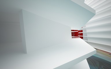 Obraz premium Abstract white interior of the future, with glossy gradient colored water wall and floor. 3D illustration and rendering