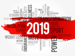 2019 health and sport goals word cloud, concept background