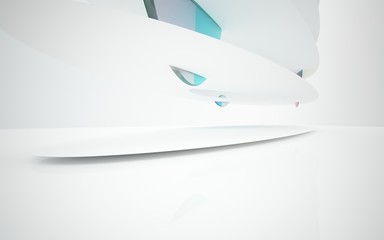 White smooth abstract architectural background whith colored gradient lines . 3D illustration and rendering