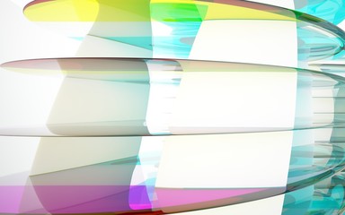 abstract architectural interior with colored smooth glass sculpture. 3D illustration and rendering