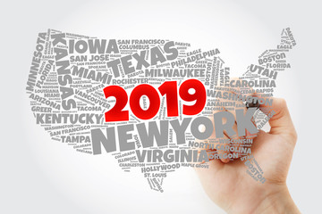 2019 year USA Map word cloud with marker, most important cities background