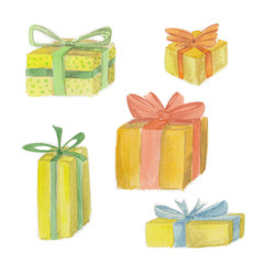 Set of drawn gift boxes. Hand-drawn yellow gift boxes, watercolor illustration on a white background for your design.