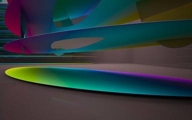 Abstract dynamic interior with colored gradient smooth objects and brown room . 3D illustration and rendering