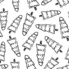 Hand drawn Christmas tree background. Doodle ink seamless pattern for New Year