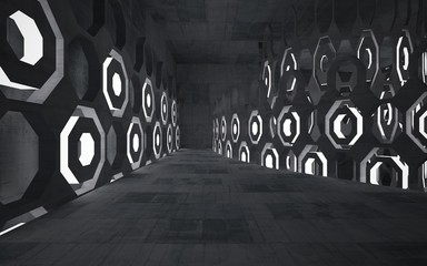 Naklejka premium Empty dark abstract concrete room interior. Architectural background. Night view of the illuminated. 3D illustration and rendering