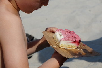 Young boy is eating delicous berry cream cake, eating cake at summer © Sahara Frost