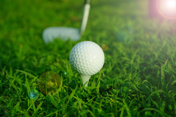 Blurred golf ball and golf club in beautiful golf course at sunset background.