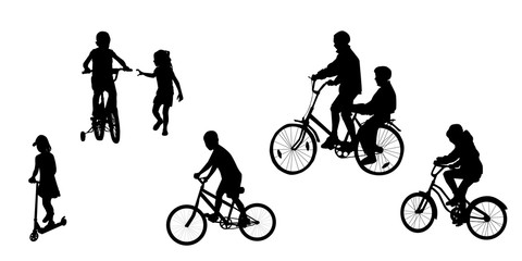 Boys on bikes, vector. A set of silhouettes of children, kids.