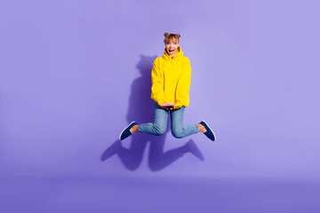 Full length body size photo of jumping high crazy she her lady w
