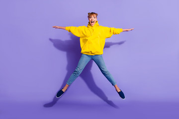 Full length body size photo of jumping high crazy cheer she her 