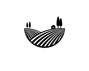 monochrome black simple landscape logo with house and trees on the hill	