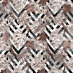 Tropical Background. Exotic Palm Greenery Backdrop. Summer Design for Swimwear. Repeatable Illustration. Tropical Flowers and Leaves Background.