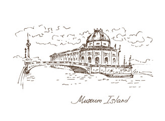 Hand drawn Museum Island in Berlin, German parliament. Berlin landmark, Germany. Vector illustration. Sketch. Vector. © bekkersara