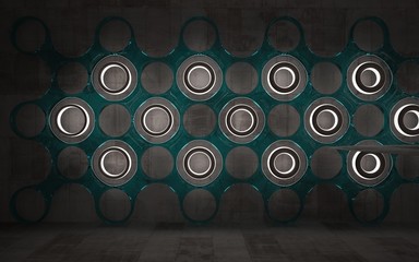 Empty dark abstract brown concrete room smooth interior with blue glass. Architectural background. Night view of the illuminated. 3D illustration and rendering