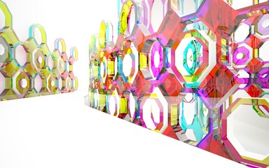Fototapeta premium abstract architectural interior with gradient geometric glass sculpture. 3D illustration and rendering