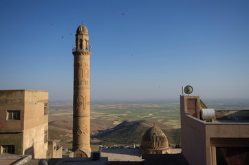 A minaret and grassy plain view at Mardin