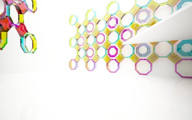 abstract architectural interior with gradient geometric glass sculpture. 3D illustration and rendering