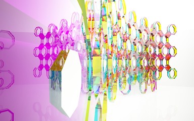 abstract architectural interior with gradient geometric glass sculpture. 3D illustration and rendering
