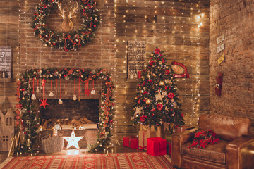 Christmas living room with fire place and garland lights