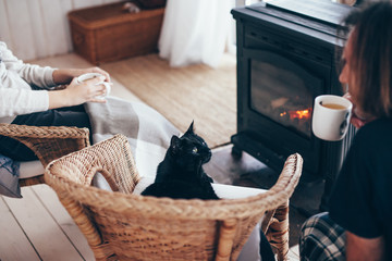 Family with cat relaxing by the fire place