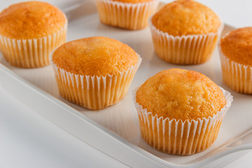 Cupcakes on a white plate on a light background close-up