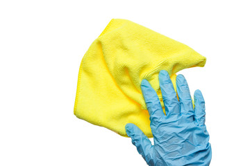 Cleaning, Hand in a blue glove with a yellow rag