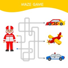 Maze game for children.  Cartoon illustration of a sailor and transport.