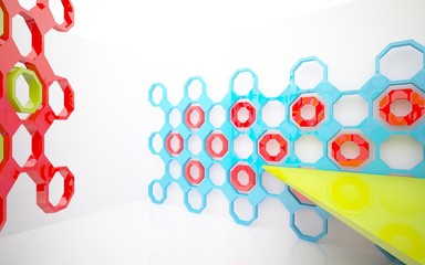 abstract architectural interior with gradient geometric glass sculpture. 3D illustration and rendering