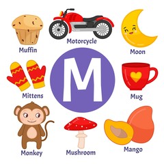 Fototapeta premium мVector cute kids animal alphabet. Letter M. Set of cute cartoon illustrations. 