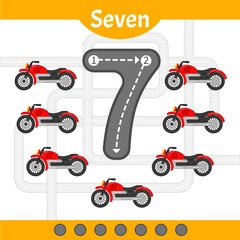 Kids learning material. Card for learning numbers. Number 7. Cartoon transport.