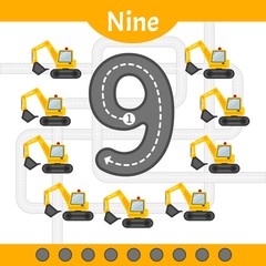 Kids learning material. Card for learning numbers. Number 9. Cartoon transport.