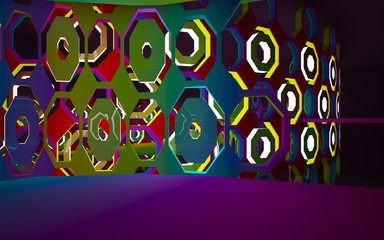 Abstract interior of the future in a minimalist style with gradient colored sculpture. Night view . Architectural background. 3D illustration and rendering