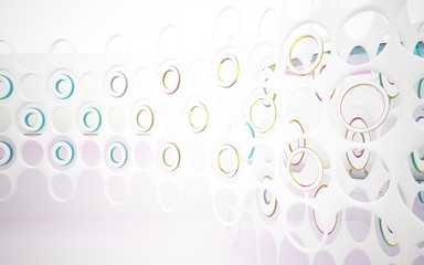 White smooth abstract architectural background whith colored gradient lines . 3D illustration and rendering