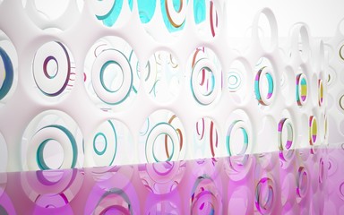 White smooth abstract architectural background whith colored gradient lines . 3D illustration and rendering