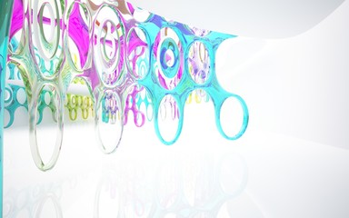 abstract architectural interior with colored smooth glass sculpture. 3D illustration and rendering