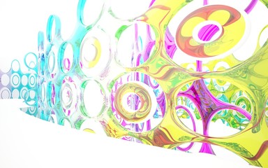 abstract architectural interior with colored smooth glass sculpture. 3D illustration and rendering