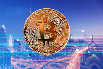 bitcoin against skyscrapers - futuristic smart city - cryptocurrency concept