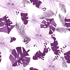 Pattern of gardening Lily monstera and Palm leafs. Flowers in the jungle