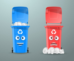 Trash cans in the form of funny characters. Vector illustration.