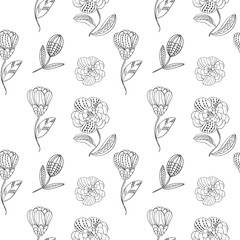 Seamless pattern abstract line flower and blossom. Hand drawn ornament vintage plant.