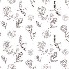 Seamless pattern abstract line flower and blossom. Hand drawn ornament vintage plant.