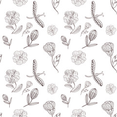Seamless pattern abstract line flower and blossom. Hand drawn ornament vintage plant.